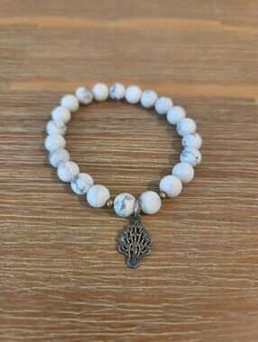 White Howlite Beaded Bracelet Peacock Charm Stretch Boho Bohemian Western